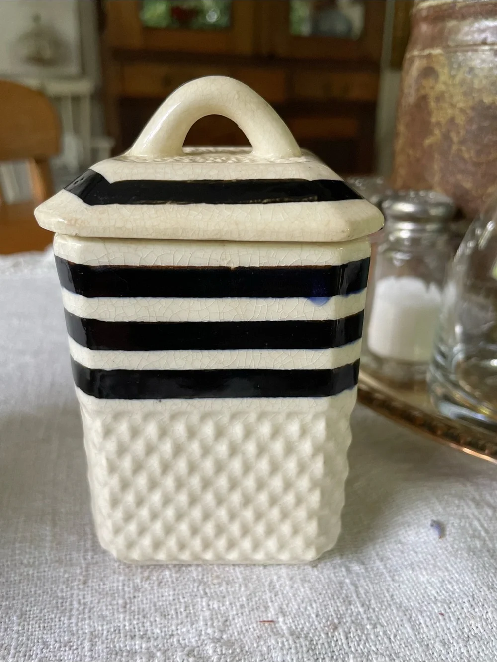 Vintage Hand Painted Japan Striped Ceramic Pepper Canister - Black and Cream